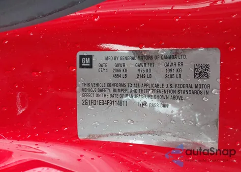 2015 Chevrolet Camaro 1Lt из США, поврежденный, VIN 2G1FD1E34F9114811